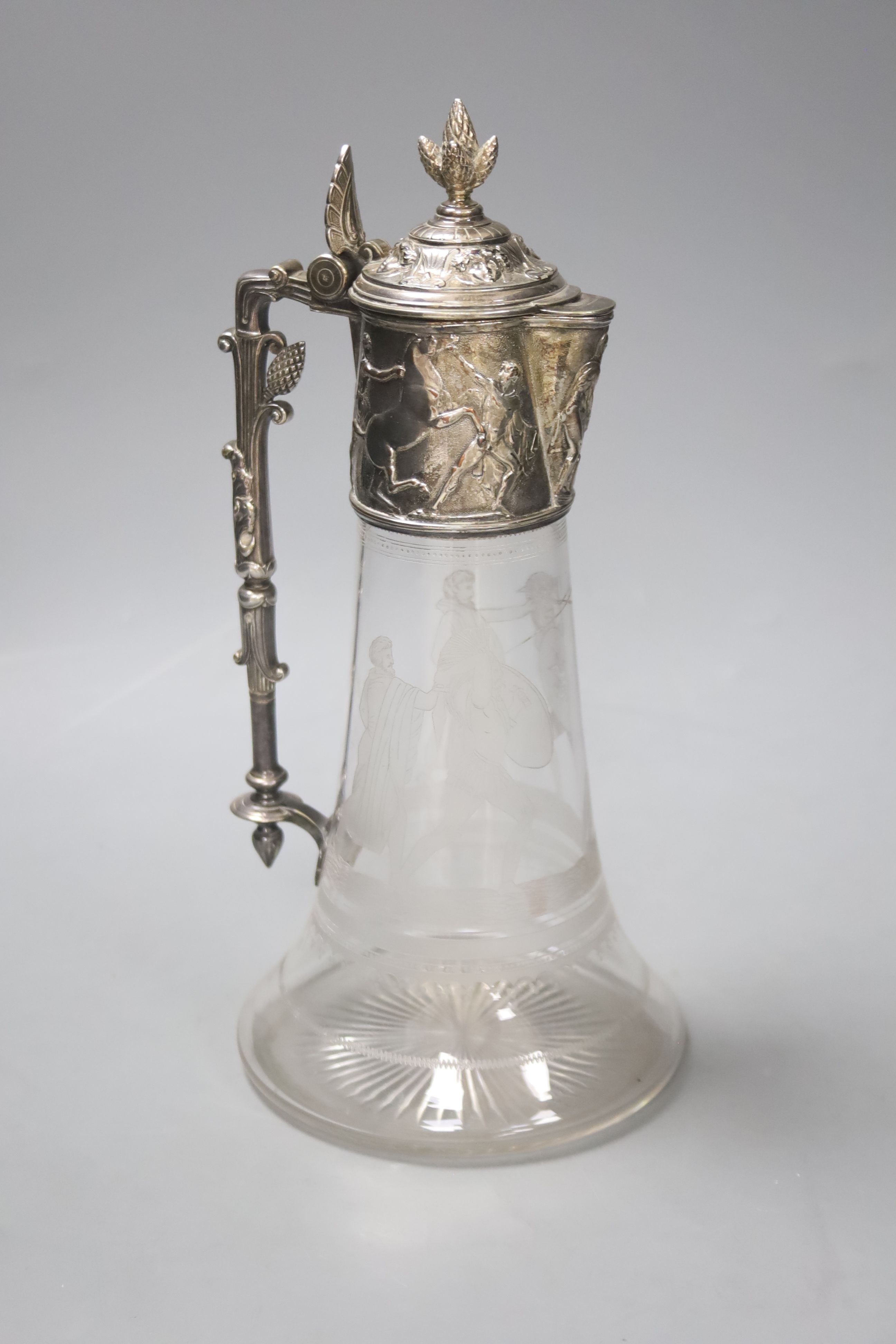 A late Victorian electroplate mounted etched glass claret jug